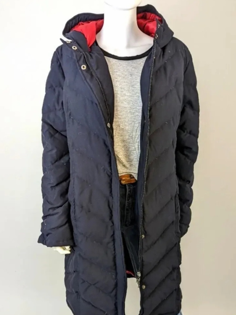 Tommy Hilfiger Black Puffer Hooded Long Coat with Red Lining